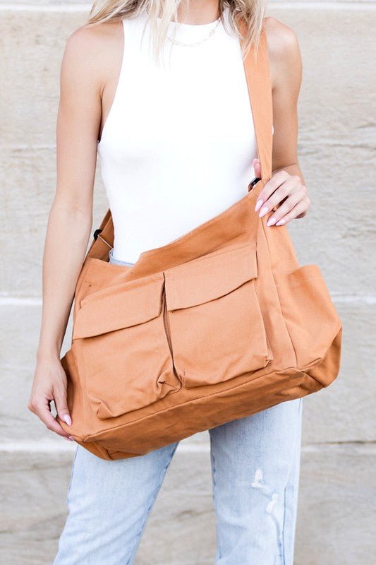 Harper | Women's Oversized Black Canvas Tote Bag Crossbody Messenger Camel