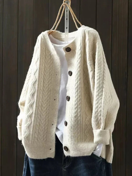 Victoria | Women's Oversized Cable-Knit Button-Down Cardigan Sweater Beige