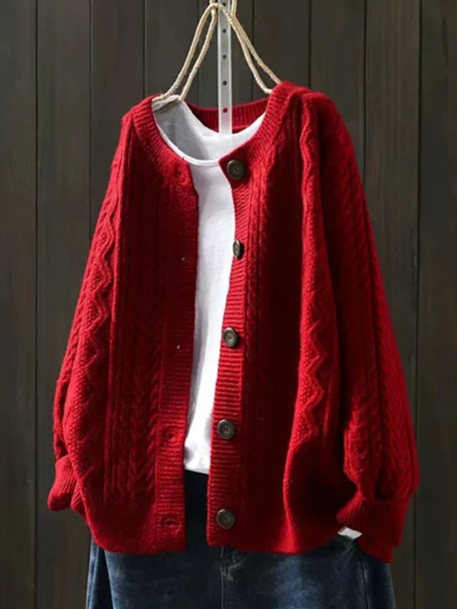 Victoria | Women's Oversized Cable-Knit Button-Down Cardigan Sweater Red