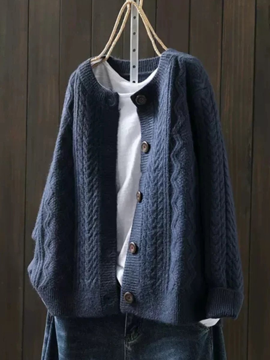 Victoria | Women's Oversized Cable-Knit Button-Down Cardigan Sweater Navy Blue
