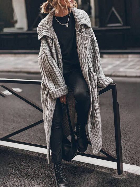 Mia | Women's Oversized Chunky Rib-Knit Longline Lapel Cardigan Grey