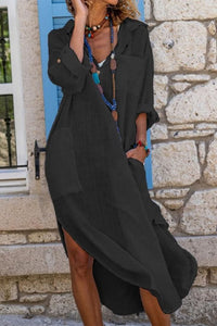 Evelyn | Women's Oversized Linen Midi Evening Gown Shirt Dress Black