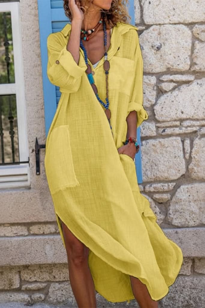 Evelyn | Women's Oversized Linen Midi Evening Gown Shirt Dress Yellow