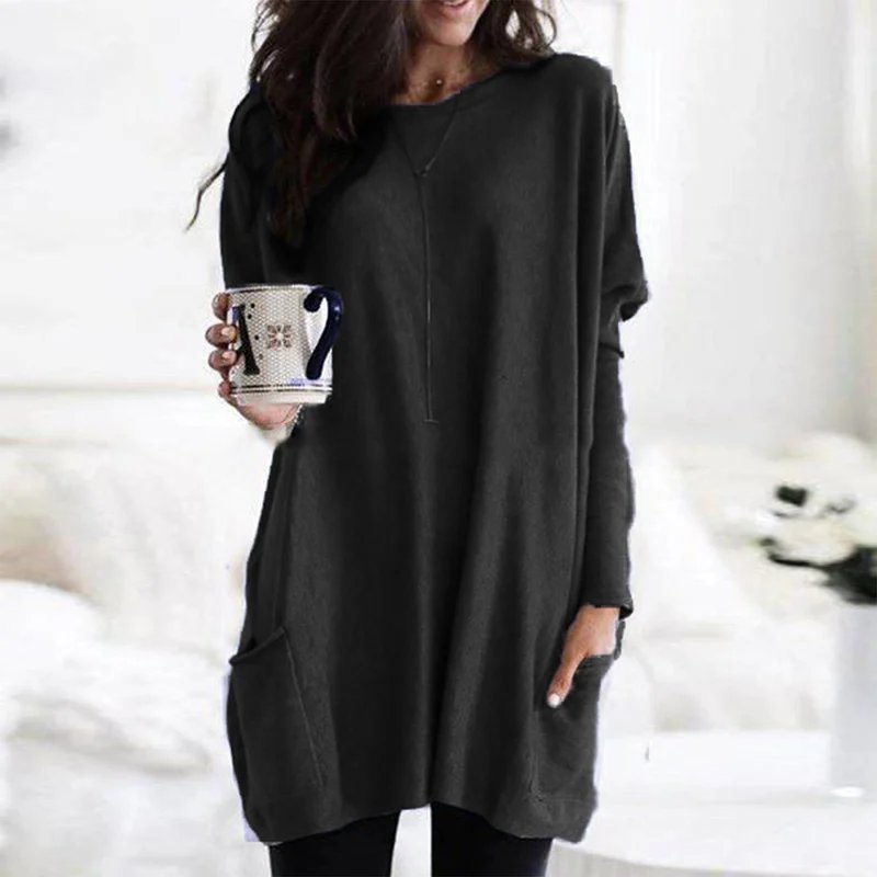 Isabella | Women's Oversized Long Sleeve Pocket Tunic Top Black