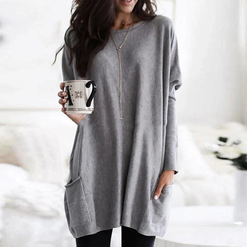 Isabella | Women's Oversized Long Sleeve Pocket Tunic Top Gray