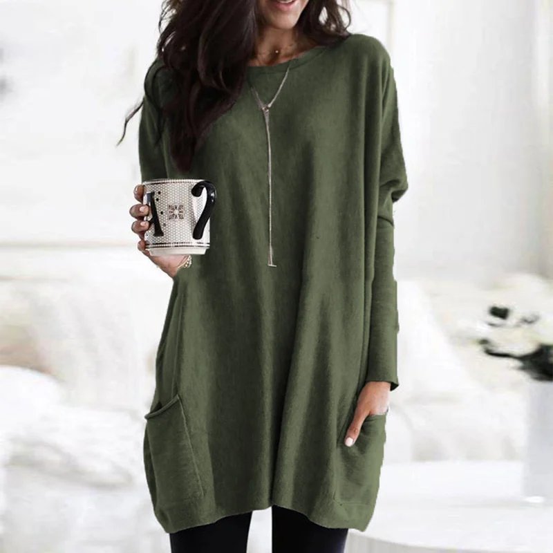 Isabella | Women's Oversized Long Sleeve Pocket Tunic Top Olive Green