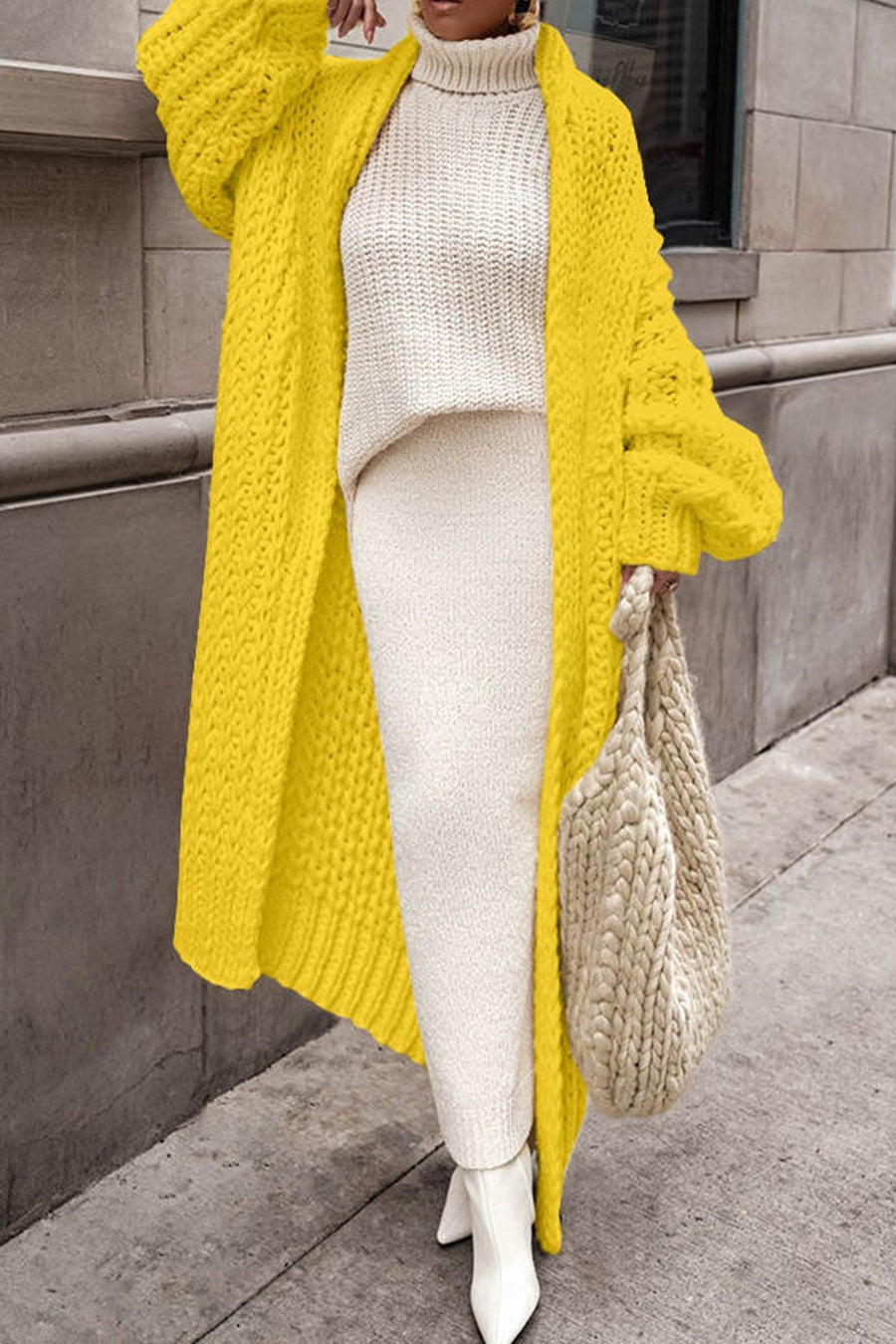 Aria | Women's Oversized Open-Front Chunky Knit Longline Cardigan Yellow