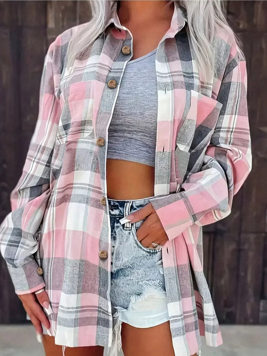 Mia | Women's Oversized Plaid Flannel Open-Front Cardigan Shirt Pink