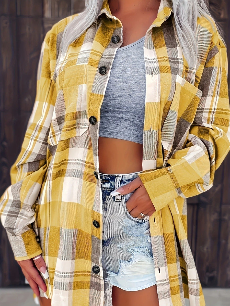 Mia | Women's Oversized Plaid Flannel Open-Front Cardigan Shirt Yellow