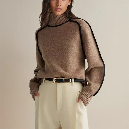 Camila | Women's Oversized Turtleneck Colorblock Knit Sweater Brown