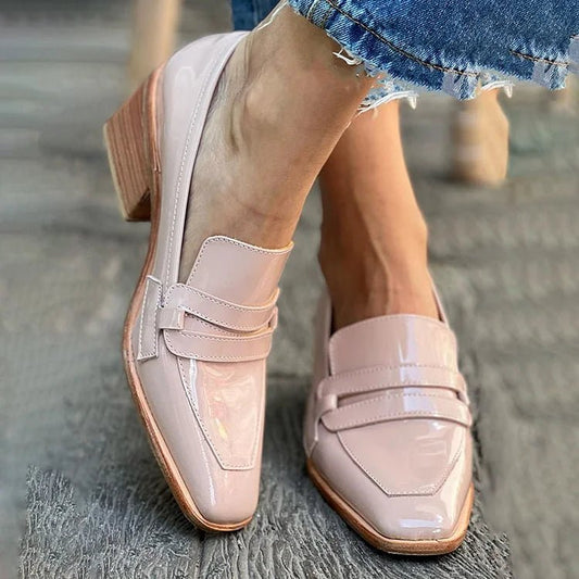 Mia | Women's Patent Leather Loafers Block Heel Slip-On Comfort Pink