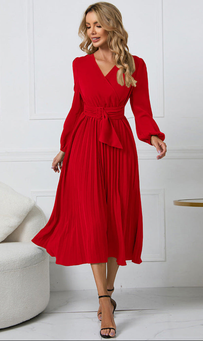 Grace | Women's Long Sleeve Midi Wedding Guest Dress Red