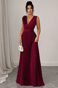 Charlotte | Women's Pleated Sleeveless Floral Applique Evening Gown Deep Red