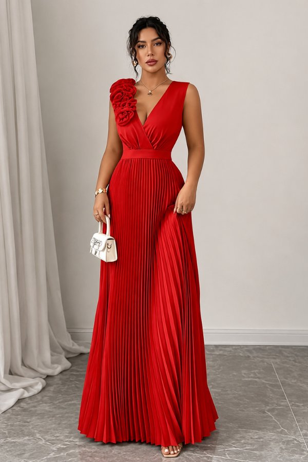 Charlotte | Women's Pleated Sleeveless Floral Applique Evening Gown Red