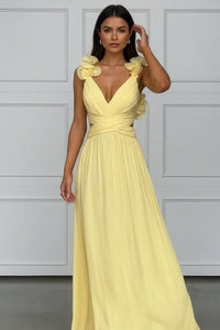 Charlotte | Women's Pleated Sleeveless Floral Applique Evening Gown Bright Yellow