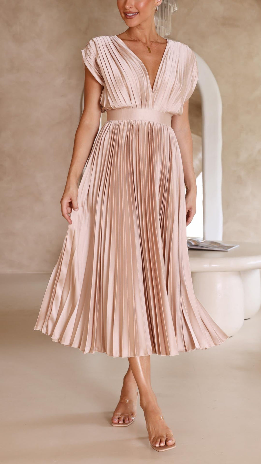Kaitlyn | Women's Pleated V Neck Midi Wedding Guest Dress Champagne