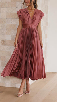 Kaitlyn | Women's Pleated V Neck Midi Wedding Guest Dress Antique Pink