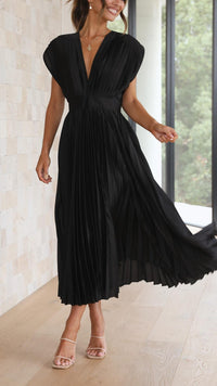 Kaitlyn | Women's Pleated V Neck Midi Wedding Guest Dress Black