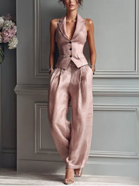 Olivia | Women's Pleated Wide Leg Pants Lapel Vest Linen Two-Piece Set Light Pink