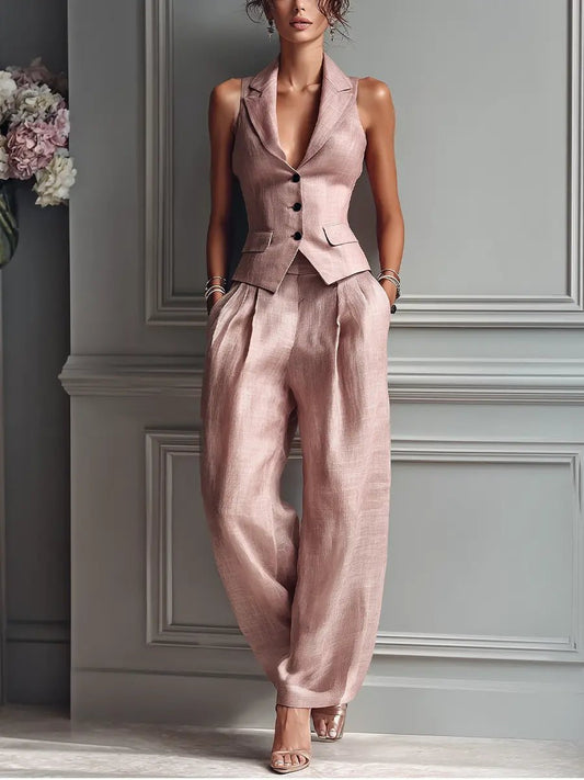 Olivia | Women's Pleated Wide Leg Pants Lapel Vest Linen Two-Piece Set Light Pink