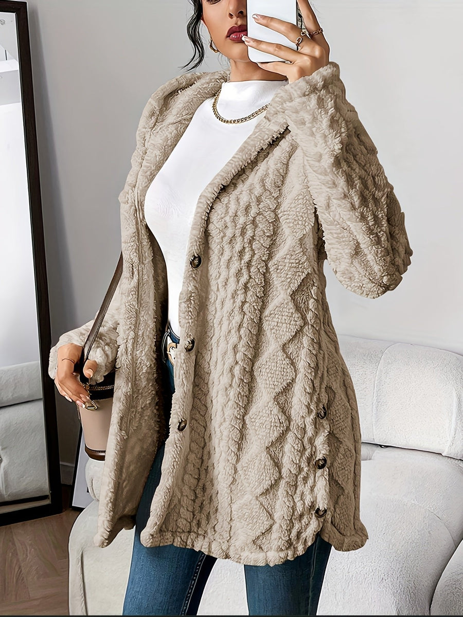 Grace | Women's Plush Hooded Button-Front Long Cardigan Khaki