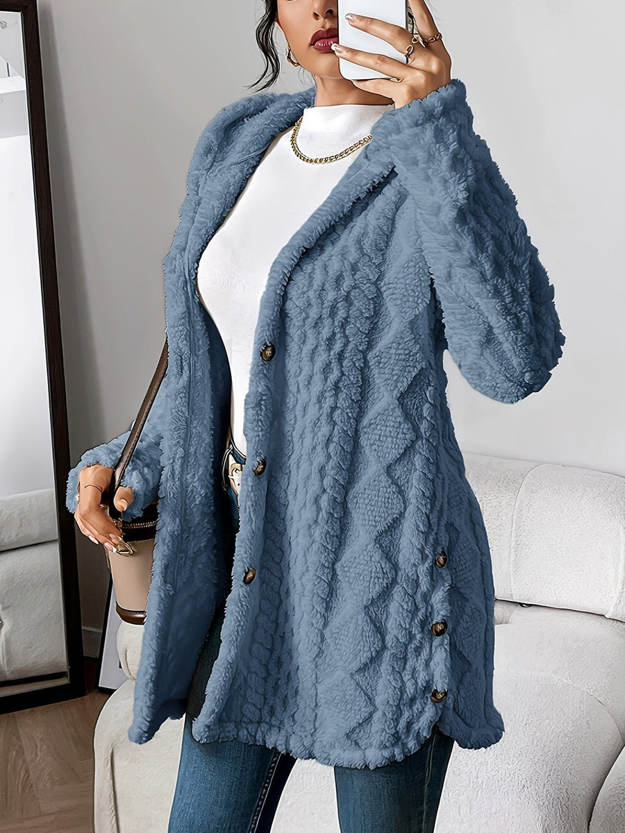 Grace | Women's Plush Hooded Button-Front Long Cardigan Denim Blue