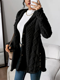 Grace | Women's Plush Hooded Button-Front Long Cardigan Black