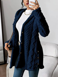 Grace | Women's Plush Hooded Button-Front Long Cardigan Navy Blue