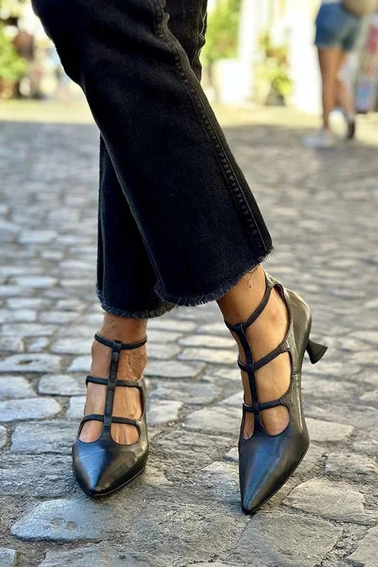 Olivia | Women's Pointed Toe Pumps Strappy Low Block Heel Black
