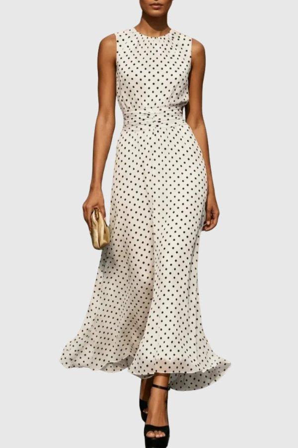 Grace | Women's Polka Dot Sleeveless Ruffle Hem Maxi Evening Gown White