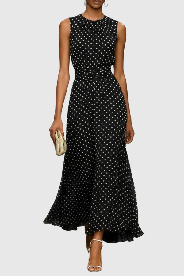 Grace | Women's Polka Dot Sleeveless Ruffle Hem Maxi Evening Gown Black