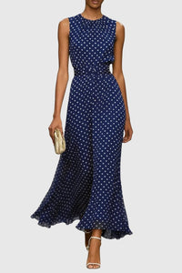 Grace | Women's Polka Dot Sleeveless Ruffle Hem Maxi Evening Gown Blue