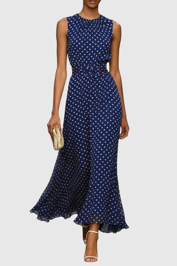 Grace | Women's Polka Dot Sleeveless Ruffle Hem Maxi Evening Gown Blue