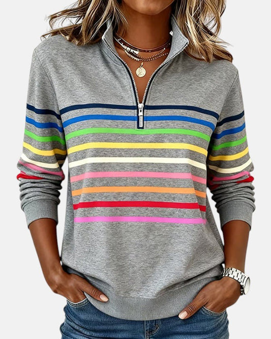 Madison | Women's Quarter Zip Sweatshirt Striped Long Sleeve Pullover Gray