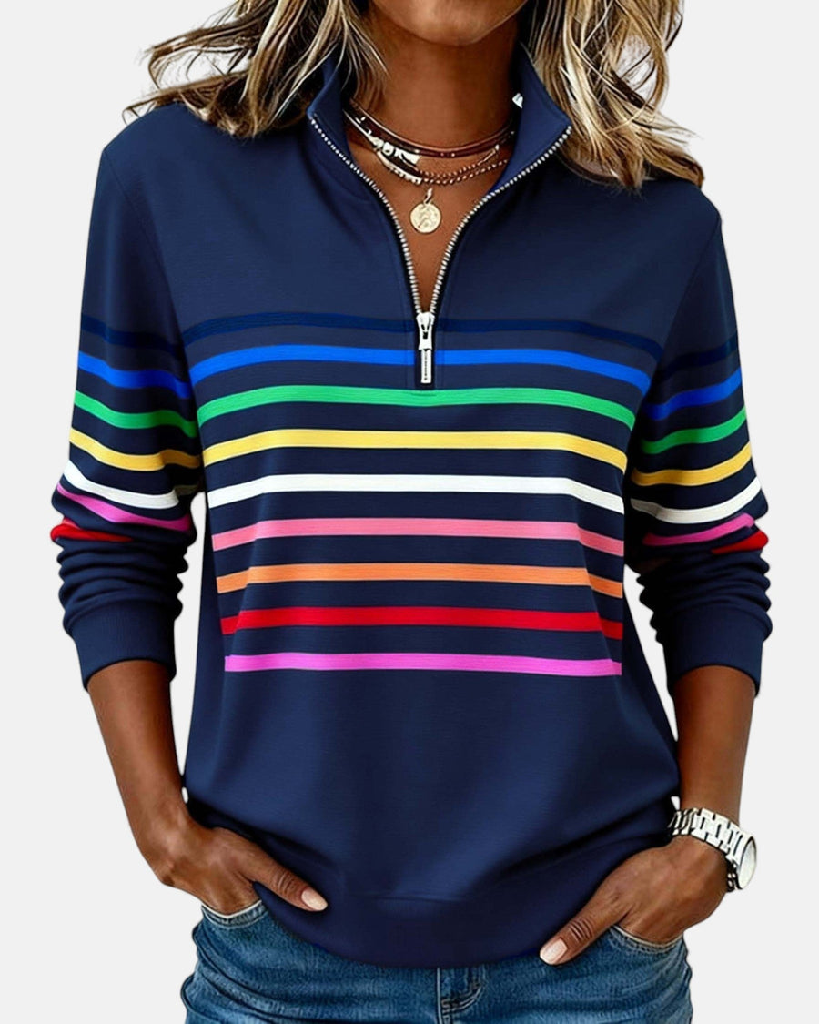 Madison | Women's Quarter Zip Sweatshirt Striped Long Sleeve Pullover Navy Blue