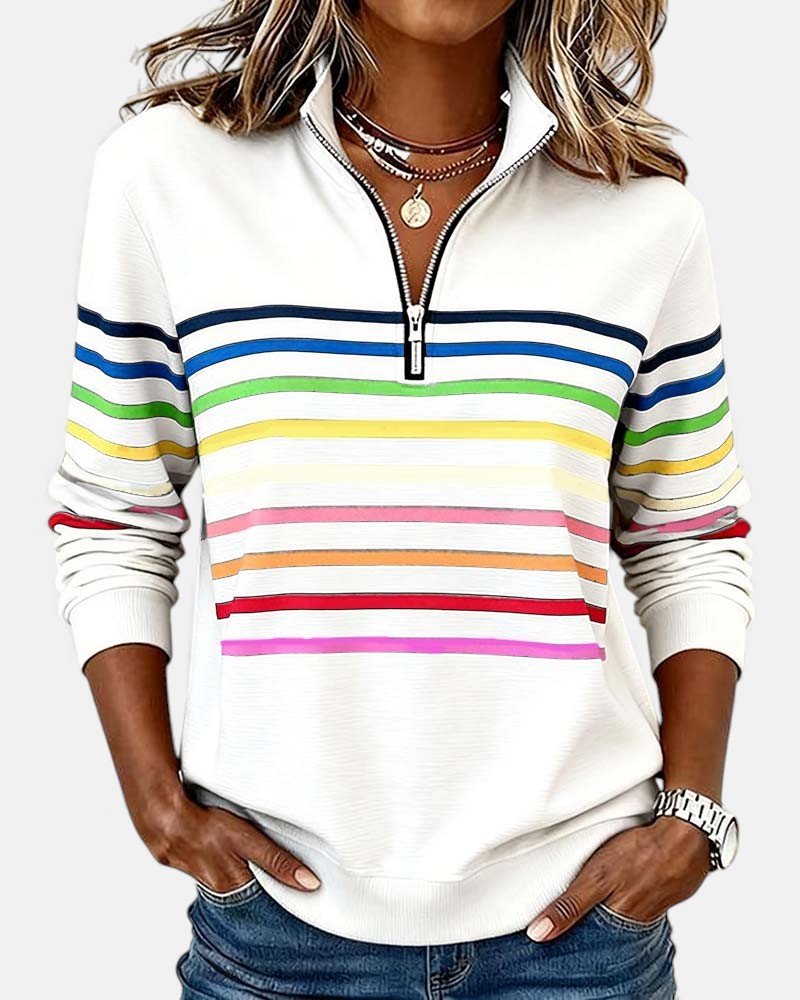 Madison | Women's Quarter Zip Sweatshirt Striped Long Sleeve Pullover White