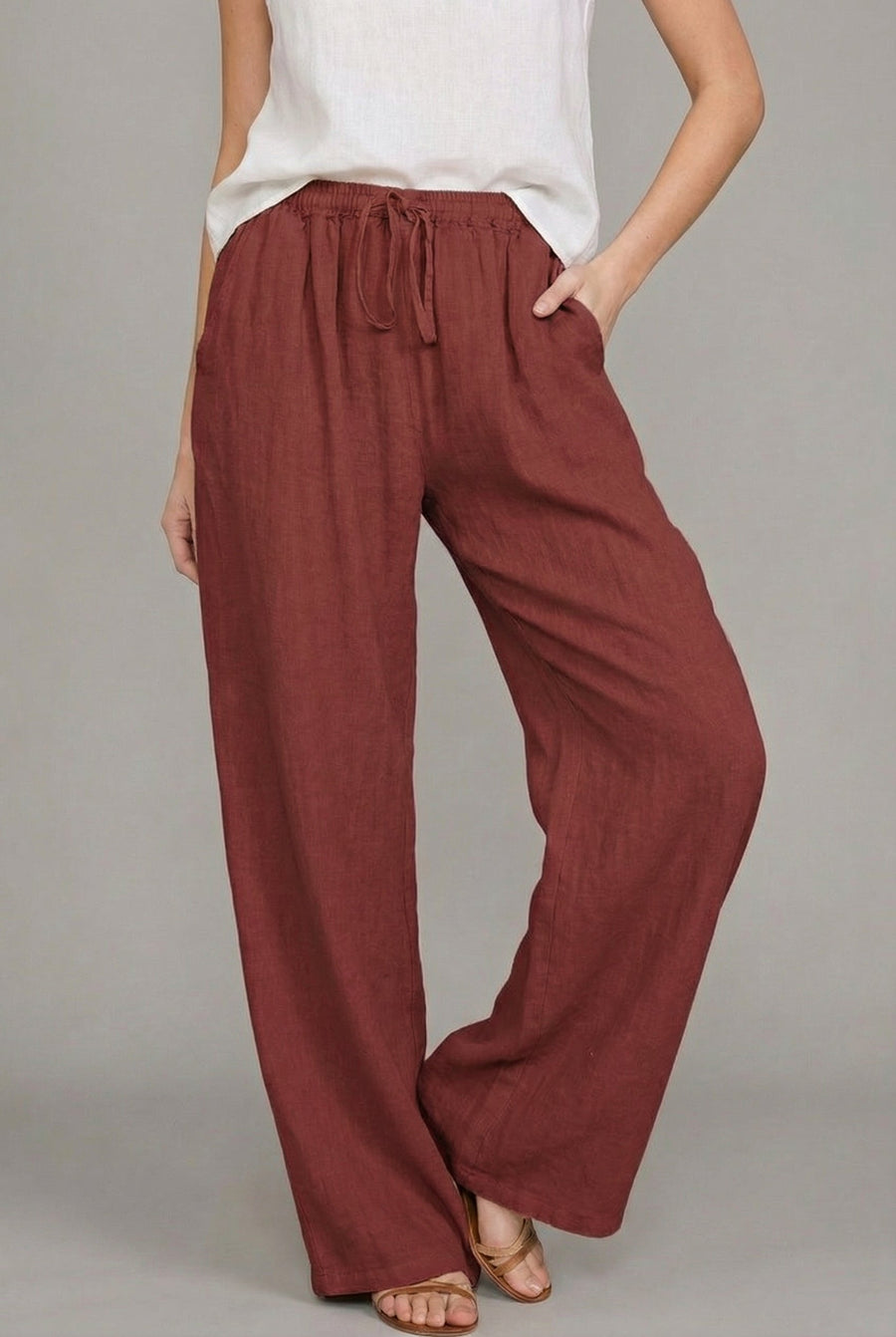 Amelia | Women's Relaxed Drawstring Wide Leg Pants Linen Summer Wine Red