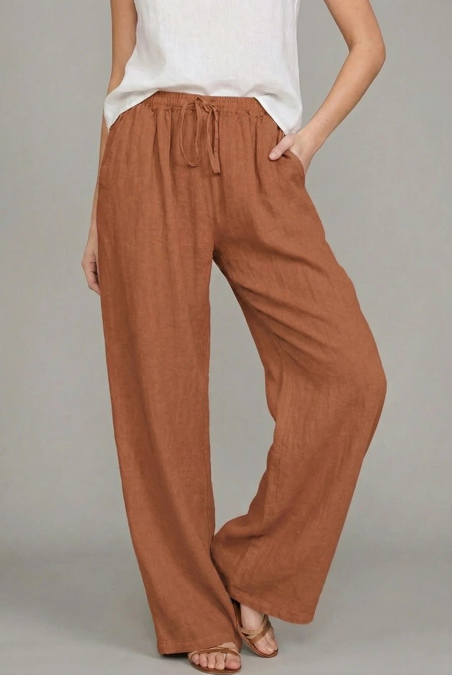Amelia | Women's Relaxed Drawstring Wide Leg Pants Linen Summer Orange
