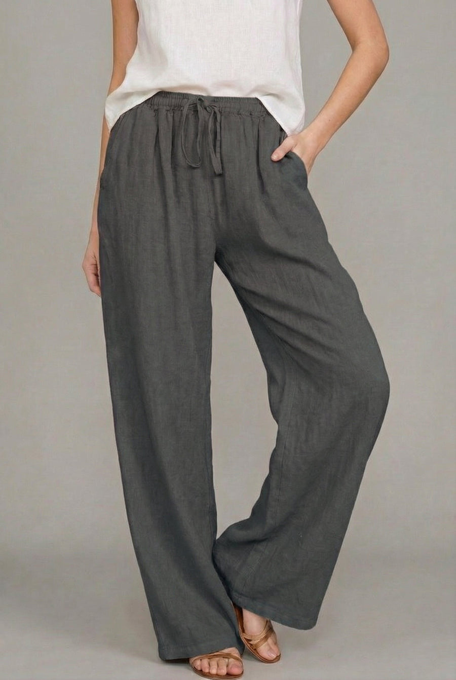 Amelia | Women's Relaxed Drawstring Wide Leg Pants Linen Summer Dark Gray