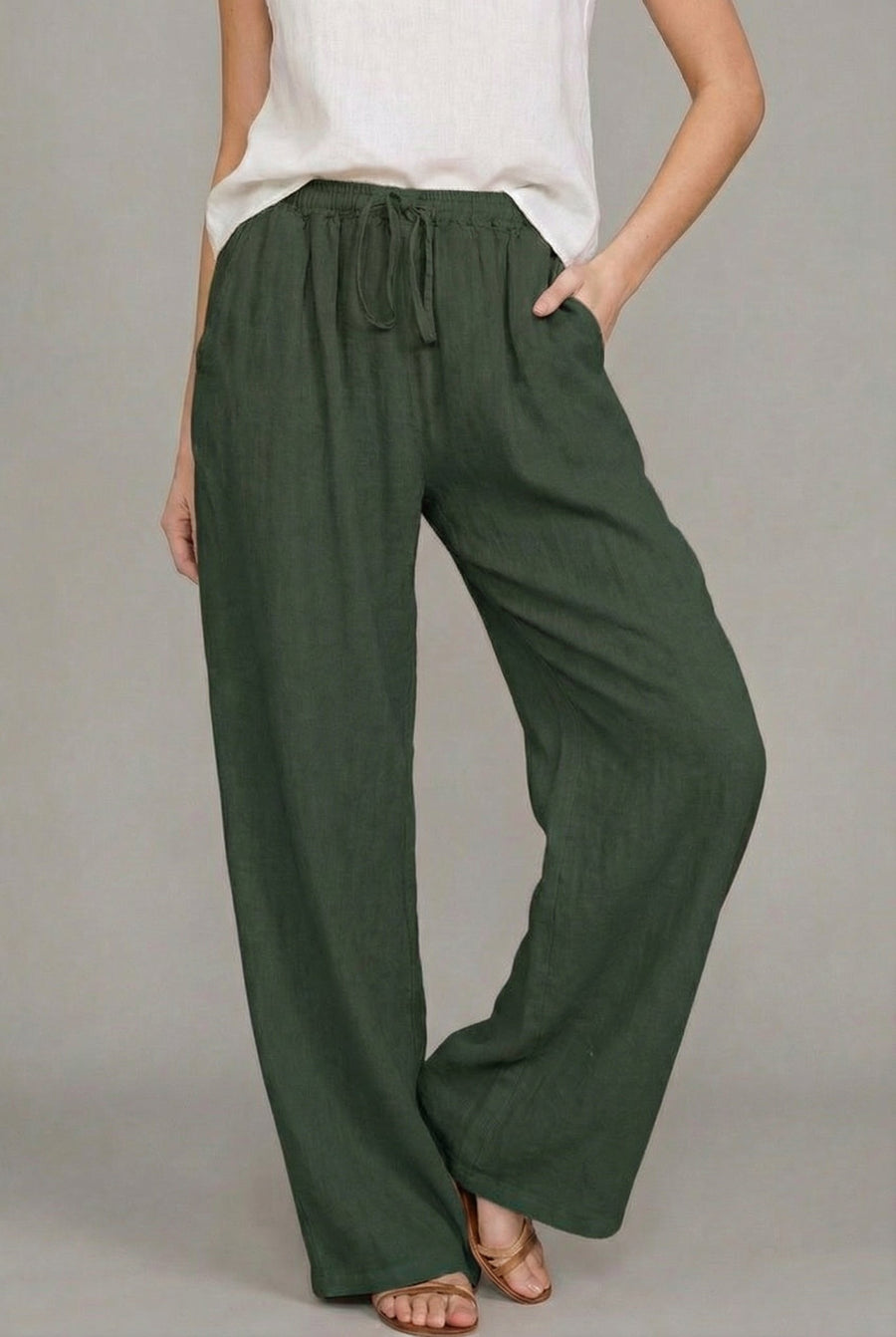 Amelia | Women's Relaxed Drawstring Wide Leg Pants Linen Summer Green