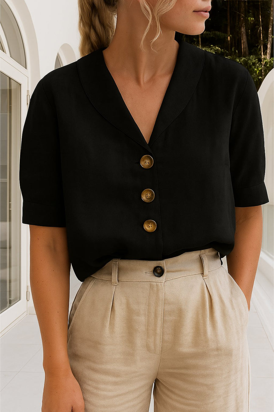 Charlotte | Women's Relaxed-Fit Button-Front Short-Sleeve Collared Black