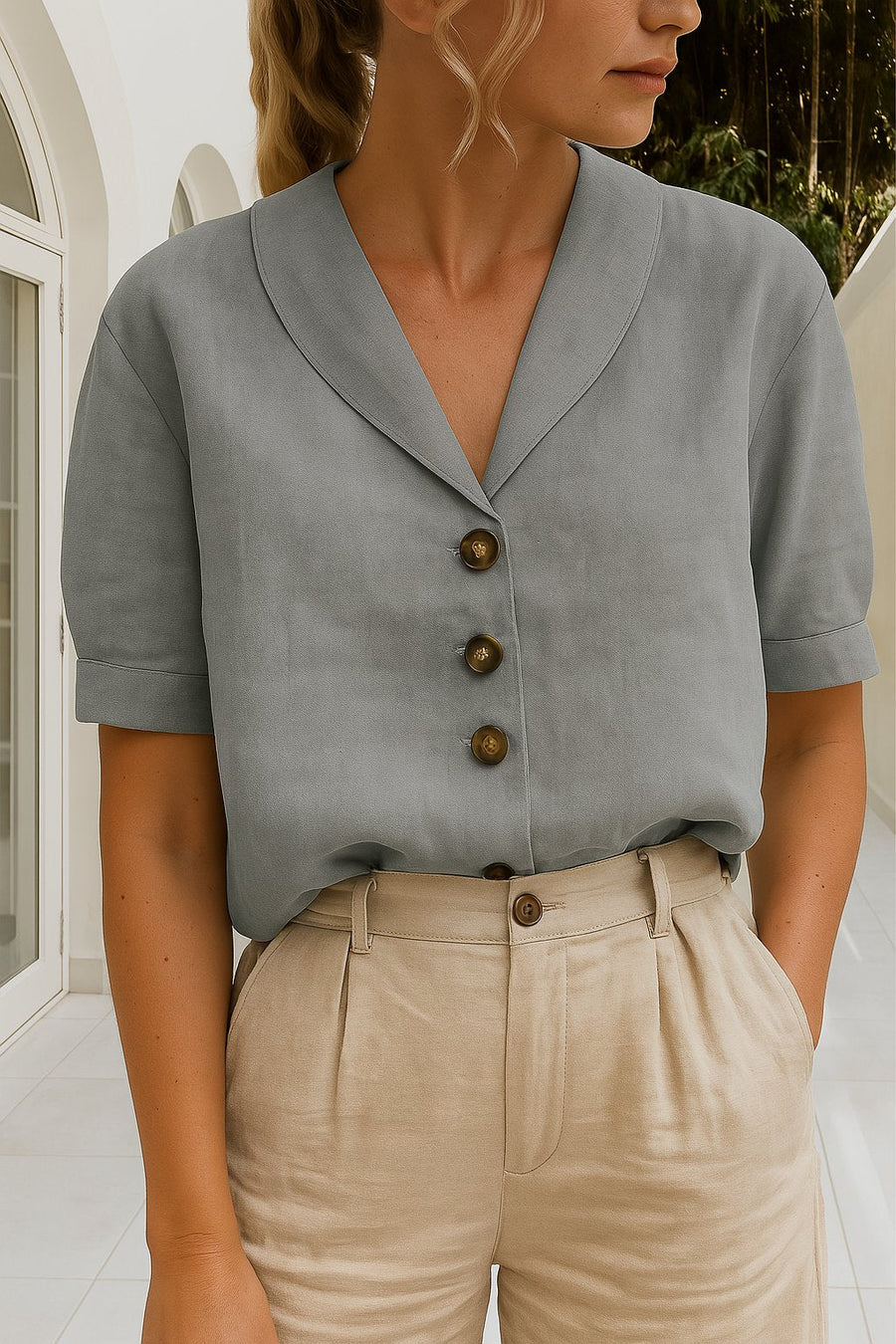 Charlotte | Women's Relaxed-Fit Button-Front Short-Sleeve Collared Grey