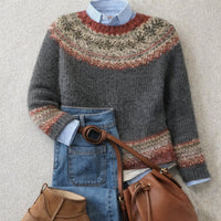 Eleanor | Women's Relaxed-Fit Fair Isle Nordic Knit Crewneck Sweater Gray