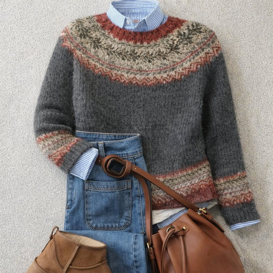 Eleanor | Women's Relaxed-Fit Fair Isle Nordic Knit Crewneck Sweater Gray
