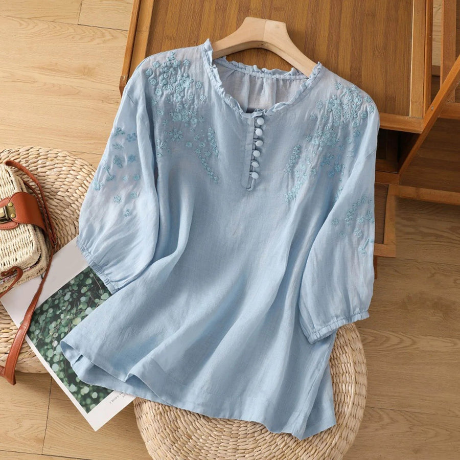 Aria | Women's Relaxed-Fit Floral Embroidered Ruffle-Neck Puff-Sleeve Blue
