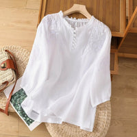 Aria | Women's Relaxed-Fit Floral Embroidered Ruffle-Neck Puff-Sleeve White