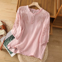 Aria | Women's Relaxed-Fit Floral Embroidered Ruffle-Neck Puff-Sleeve Pink