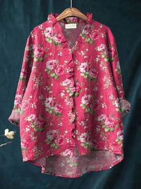 Harper | Women's Relaxed-Fit Floral Ruffle-Trim Linen Button-Down S