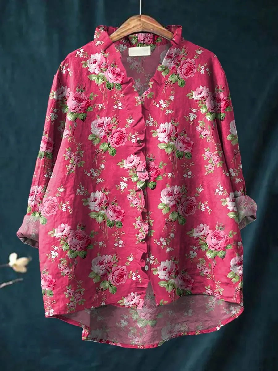 Harper | Women's Relaxed-Fit Floral Ruffle-Trim Linen Button-Down S
