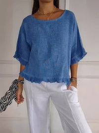 Scarlett | Women's Relaxed-Fit Frayed-Hem Linen-Look Short-Sleeve Blue